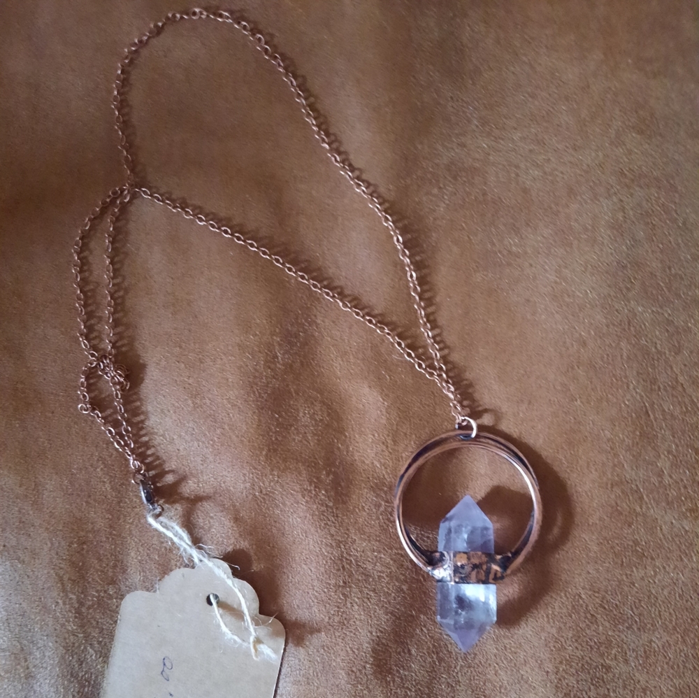 Large Amethyst Obelisk Crystal Point Copper Pendant Necklace